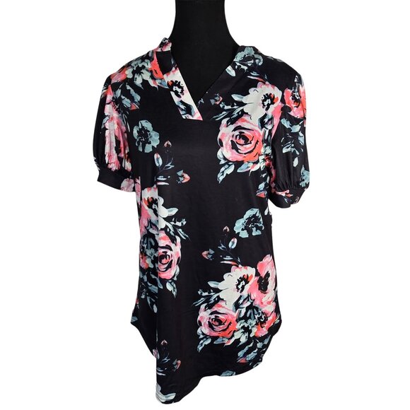 NWOT | Black Pink Floral Print V-Neck Tunic Top Puff Sleeve Hi-Low Hem | Medium - Picture 1 of 5